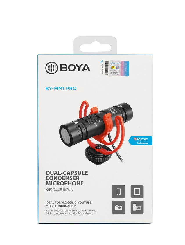 GadgetiCloud BOYA BY-MM1 PRO Dual-Capsule Condenser Microphone with anti-shock mount applications interviews package