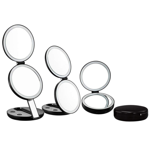 LED Lighted 3-fold Travel Compact Makeup Mirror - 1X/7X Magnification USB Powered - GadgetiCloud
