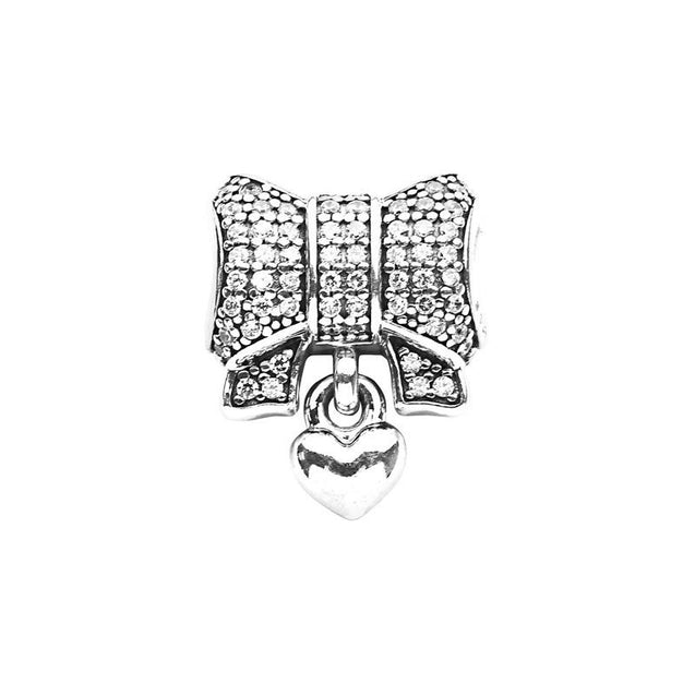 Pandora Bow silver charm with clear cubic zirconia and heart #791776CZ