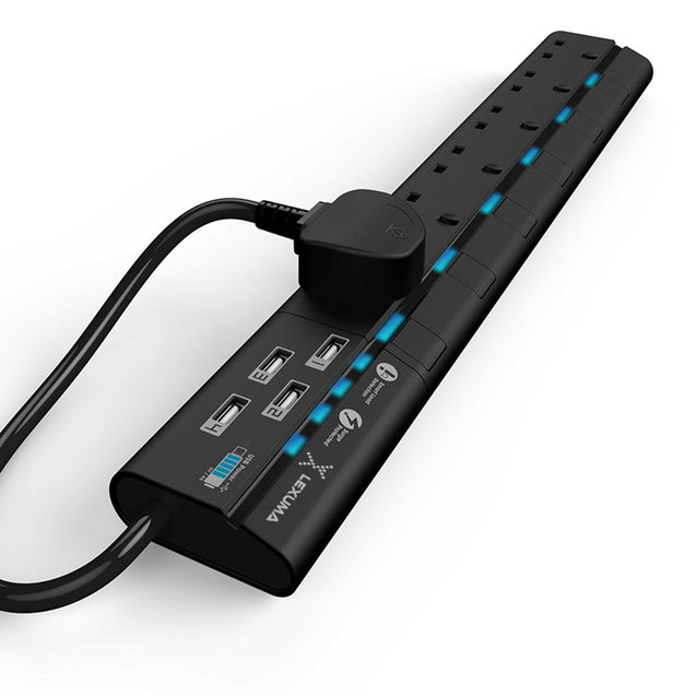 Lexuma XStrip – 6 Gang UK Surge Protector Power Strip with 4 USB Ports - GadgetiCloud